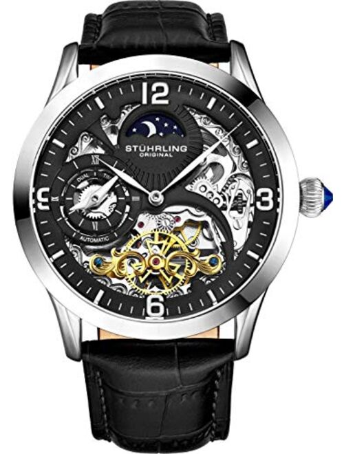 Stuhrling Stührling Original Automatic Watch for Men Skeleton Watch Dial, Dual Time, AM/PM Sun Moon, Leather Band, 571 Mens Watches Series