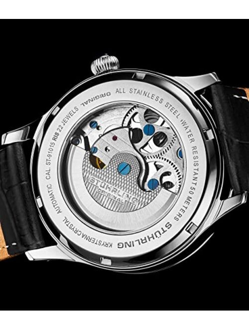 Stuhrling Stührling Original Automatic Watch for Men Skeleton Watch Dial, Dual Time, AM/PM Sun Moon, Leather Band, 571 Mens Watches Series