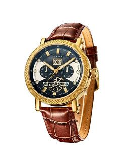 Survan Watchdesigner SURVAN Swiss Automatic Watch for Men Sapphire Crystal Mechanical Skeleton Wrist Watch 18k Yellow Gold Ion-Plated Leather Strap