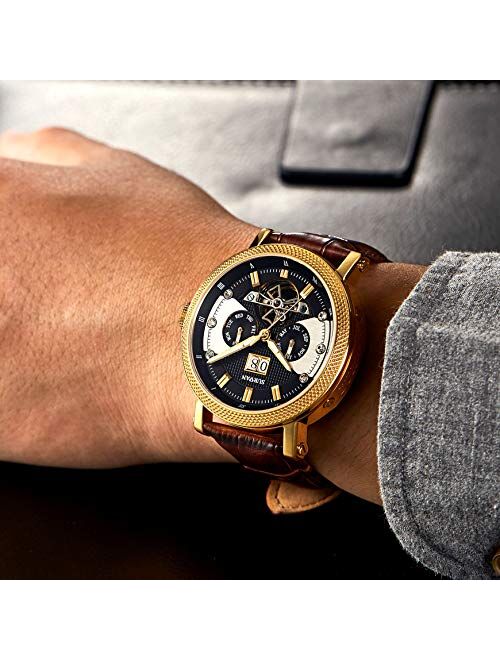 Survan Watchdesigner SURVAN Swiss Automatic Watch for Men Sapphire Crystal Mechanical Skeleton Wrist Watch 18k Yellow Gold Ion-Plated Leather Strap