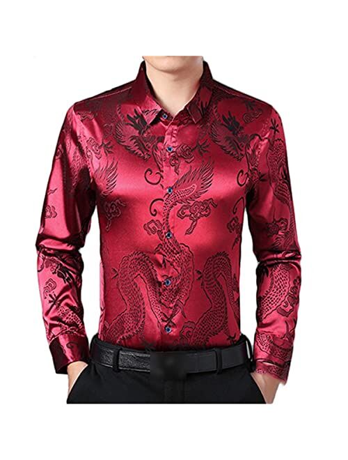 Tywag Burgundy Smooth Silk Satin Shirt Men's Dragon Jacquard Slim Long Sleeve Button Down Formal Shirt