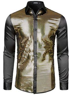 JOGAL Mens 70s Disco Costume Silver Sequins Long Sleeve Button Down Shirts
