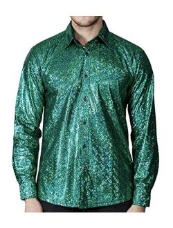 WULFUL Men Disco Shirt Sequins Long Sleeve Button Down Shirt Luxury Party Nightclub Christmas Prom Costume