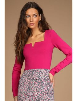 Elevated Affection Magenta Notched Long Sleeve Crop Top