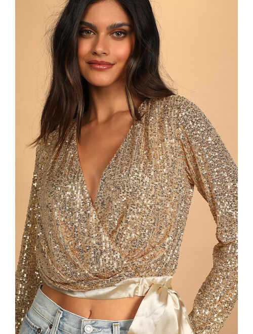 Lulus She's Got It All Gold Sequin Faux-Wrap Long Sleeve Crop Top