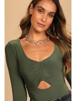 Caught a Vibe Olive Green Long Sleeve Ruched Cutout Bodysuit