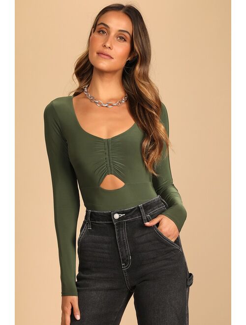 Lulus Caught a Vibe Olive Green Long Sleeve Ruched Cutout Bodysuit