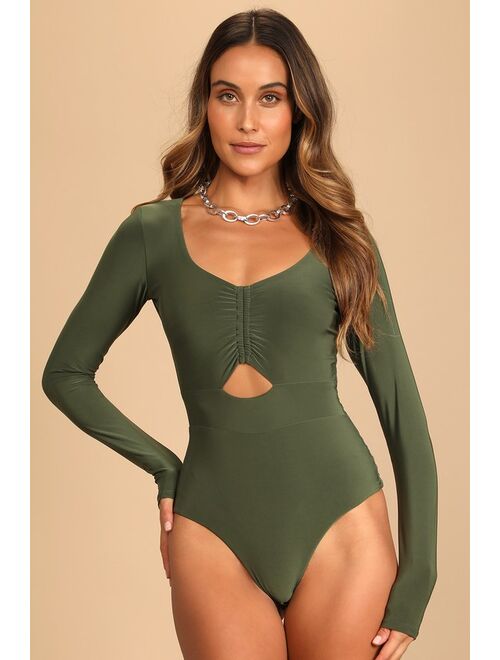 Lulus Caught a Vibe Olive Green Long Sleeve Ruched Cutout Bodysuit