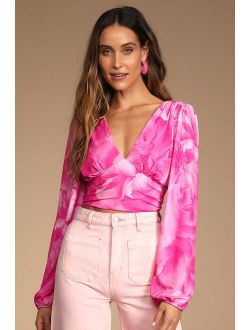 Cute as Ever Pink Floral Print Long Sleeve Tie-Back Crop Top