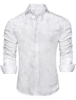 Hi-Tie Men's Woven Silk Dress Shirt Button Down Casual Jacquard Shirts Long-Sleeve Shirt Prom Wedding Regular Fit