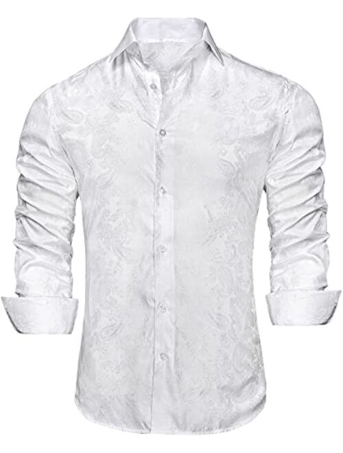 Hi-Tie Men's Woven Silk Dress Shirt Button Down Casual Jacquard Shirts Long-Sleeve Shirt Prom Wedding Regular Fit