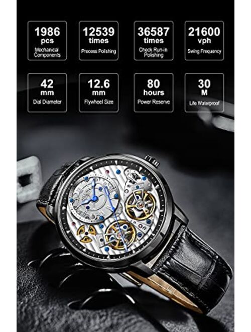 JINLERY Automatic Watches for Men Skeleton Double Flywheels Self Winding Mechanical Waterproof Wrist Watches Extra Independent Timing Dial/Luxury Dress Sapphire Crystal/L