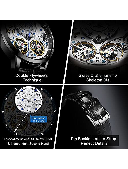JINLERY Automatic Watches for Men Skeleton Double Flywheels Self Winding Mechanical Waterproof Wrist Watches Extra Independent Timing Dial/Luxury Dress Sapphire Crystal/L