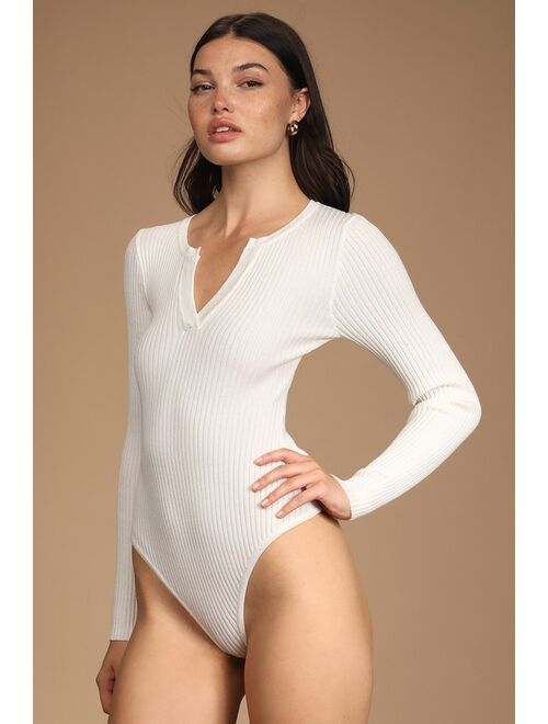Lulus Style Starter White Ribbed Long Sleeve Bodysuit