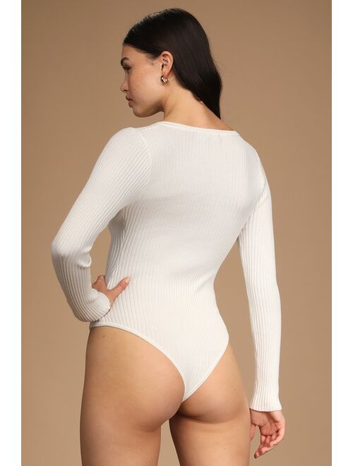 Lulus Style Starter White Ribbed Long Sleeve Bodysuit
