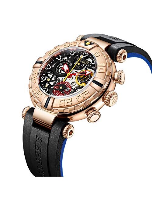 Top Brand Mens Sport Watches Chronograph Rose Gold Skeleton Watches Rubber Strap RGA3059-S