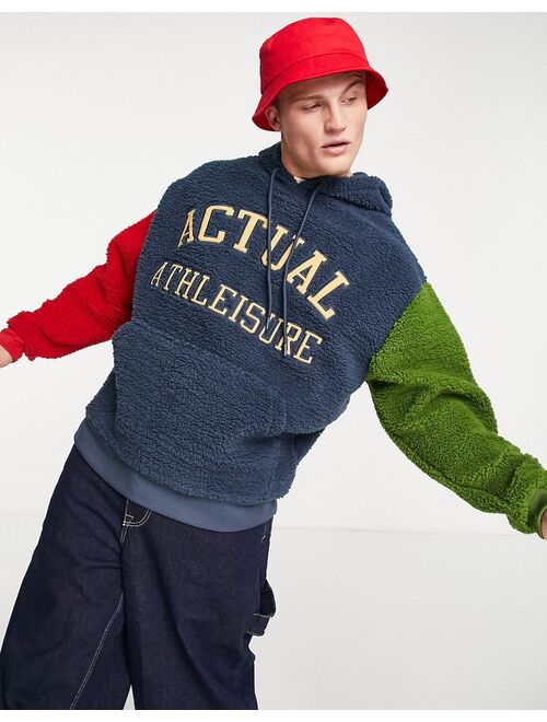 ASOS Actual oversized hoodie in teddy fleece with color block sleeves and logo in navy