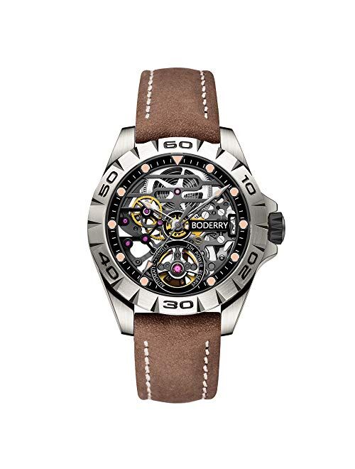 Boderry Urban Titanium Skeleton Men's Watches Fashion Automatic-Self-Winding Mechanical Analog Wrist Watch for Men with Leather Straps Wristwatch 40MM