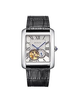 BINLUN Men’s Automatic Watches for Men Leather Strap Mechanical Skeleton Rectangle Watch