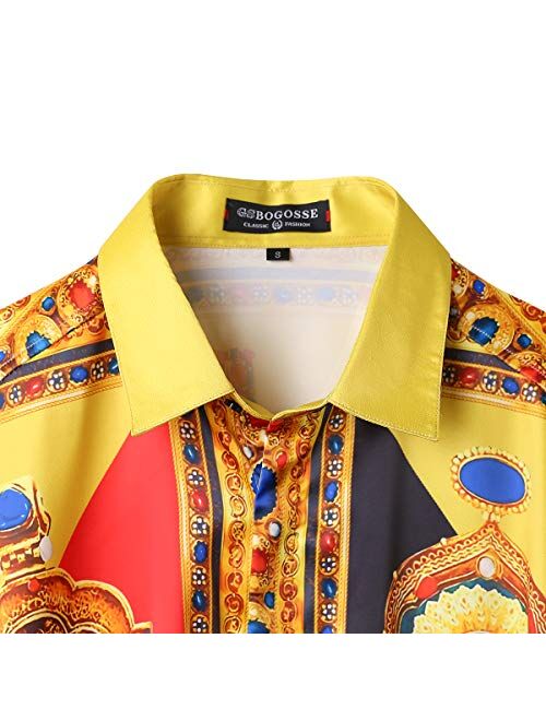 Gsbogosse Mens Luxury Brand Printed Silk Like Satin Button Down Dress Shirt for Party Prom Long Sleeve Slim Fit Floral Nightclub Shirt