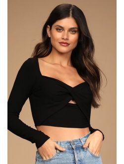 About to Get Good Black Ribbed Cross-Front Long Sleeve Crop Top