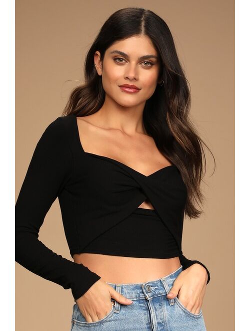Lulus About to Get Good Black Ribbed Cross-Front Long Sleeve Crop Top