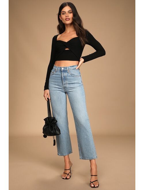 Lulus About to Get Good Black Ribbed Cross-Front Long Sleeve Crop Top