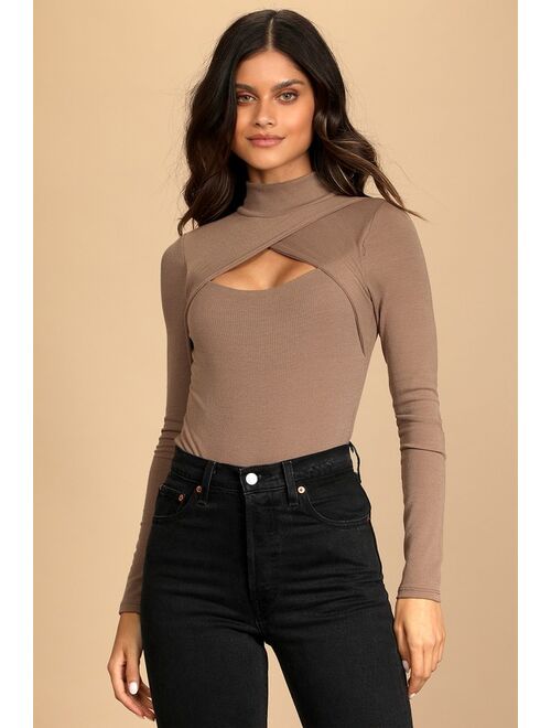 Lulus Totally Elevated Taupe Ribbed Cutout Long Sleeve Bodysuit
