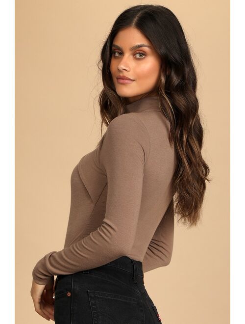 Lulus Totally Elevated Taupe Ribbed Cutout Long Sleeve Bodysuit
