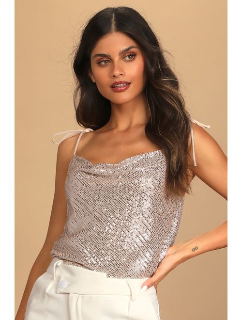 Lulus Party Pick Champagne Sequin Tie-Strap Cami Top