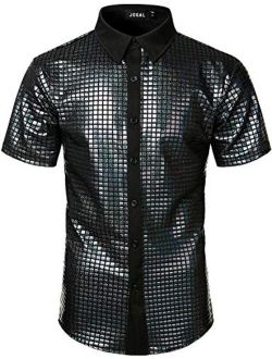 JOGAL Mens 70s Disco Costume Silver Sequins Short Sleeve Button Down Shirts