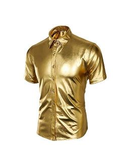 Jila Men's Nightclub Metallic Silver Button Down Short Sleeves Shirts Fashion Shinny Slim Disco Dance Tops Costume Party Clubwear