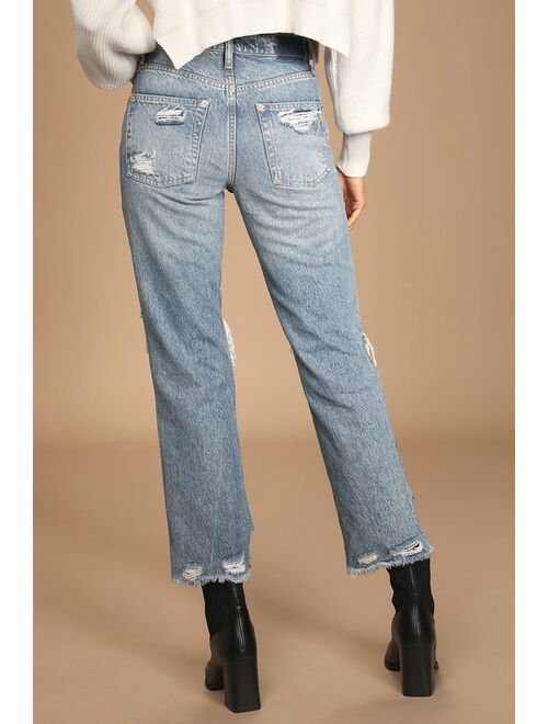 Free People Tapered Baggy Light Wash Distressed High Rise Boyfriend Jeans