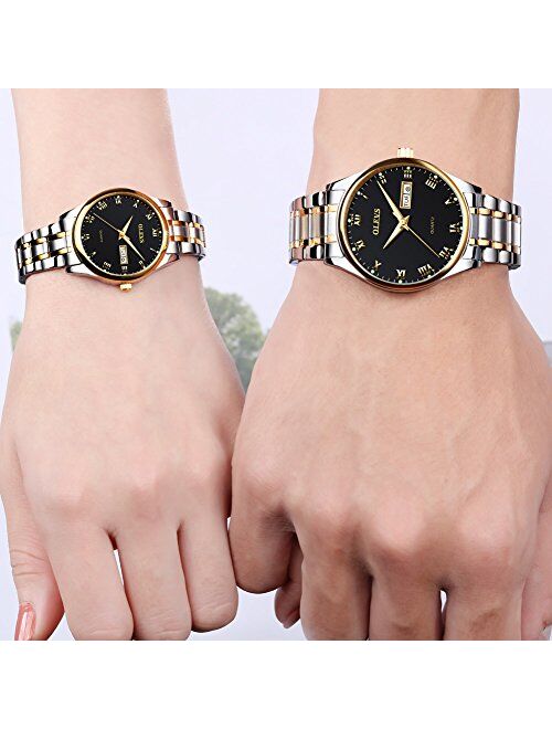 OLEVS Valentines Couple Pair Quartz 38mm Watches Luminous Calendar Date Window 3ATM Waterproof, Casual Stainless Steel His and Hers Wristwatch for Men Women Lovers Weddin