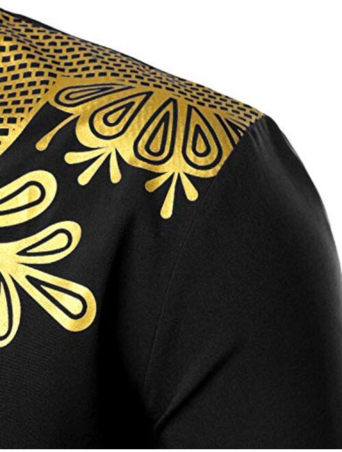 LucMatton Men's African Dashiki Luxury Metallic Gold Printed Mandarin Collar Shirt