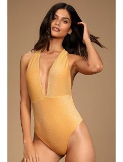 Summer Days Marigold Sparkly Halter One-Piece Swimsuit