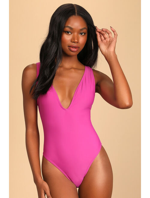 Lulus Tide and True Magenta Lace-Up One-Piece Swimsuit