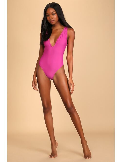 Lulus Tide and True Magenta Lace-Up One-Piece Swimsuit