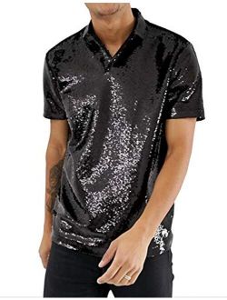 URRU Men's Short Sleeve Sparkle Sequins Polo 70s Disco Nightclub Party T-Shirts
