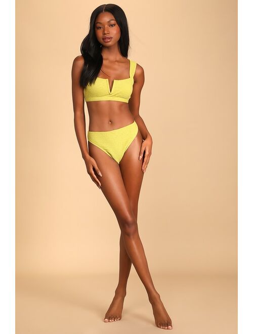 Lulus Sunshine Time Chartreuse Crinkle Notched Bikini Top