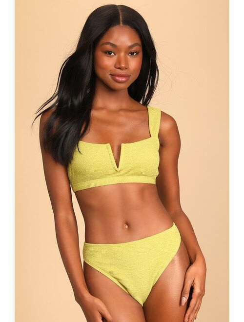 Lulus Sunshine Time Chartreuse Crinkle Notched Bikini Top