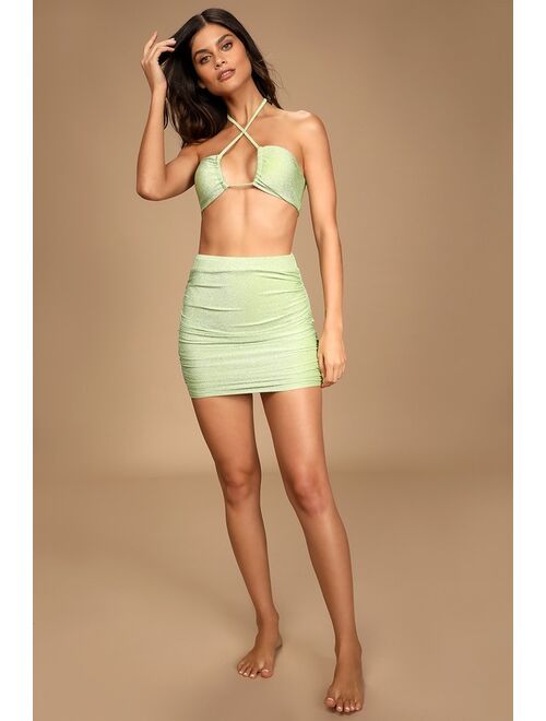Lulus Shine Like the Sun Green Glitter Ruched Swim Cover-Up Skirt