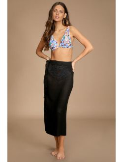 Breezy Beachside Black Loose Knit Swim Cover-Up Wrap Skirt