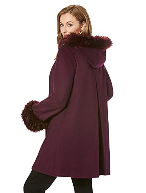 Jessica London Women's Plus Size Hooded Faux Fur Trim Coat Winter Wool Hooded Swing Coat