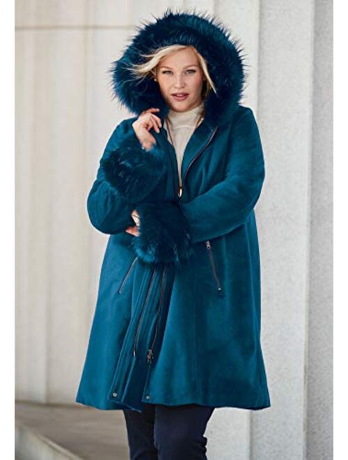Jessica London Women's Plus Size Hooded Faux Fur Trim Coat Winter Wool Hooded Swing Coat