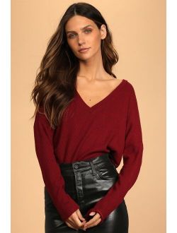 Just Vibing Wine Red Ribbed V-Neck Sweater Top