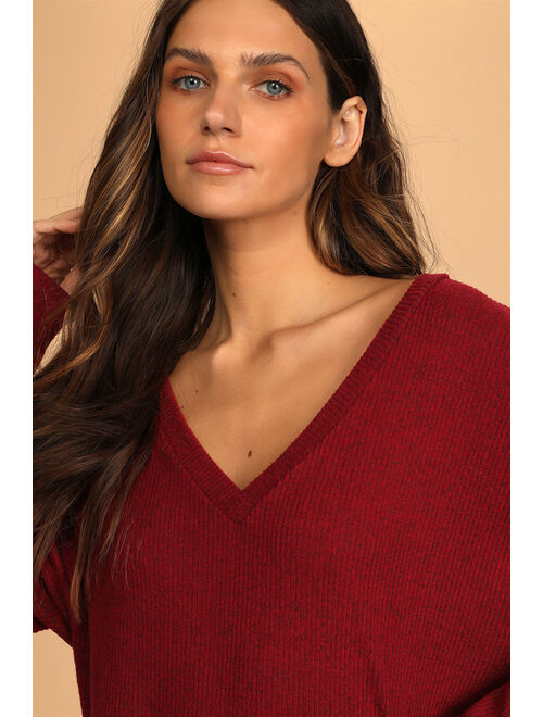 Lulus Just Vibing Wine Red Ribbed V-Neck Sweater Top