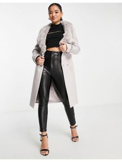 Ever New Petite wrap tie coat with faux fur collar in mink