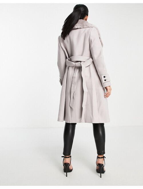 Ever New Petite wrap tie coat with faux fur collar in mink