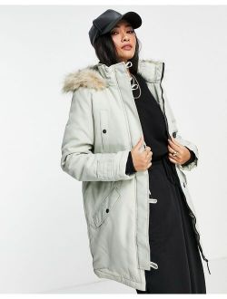 parka with faux fur lined hood in gray